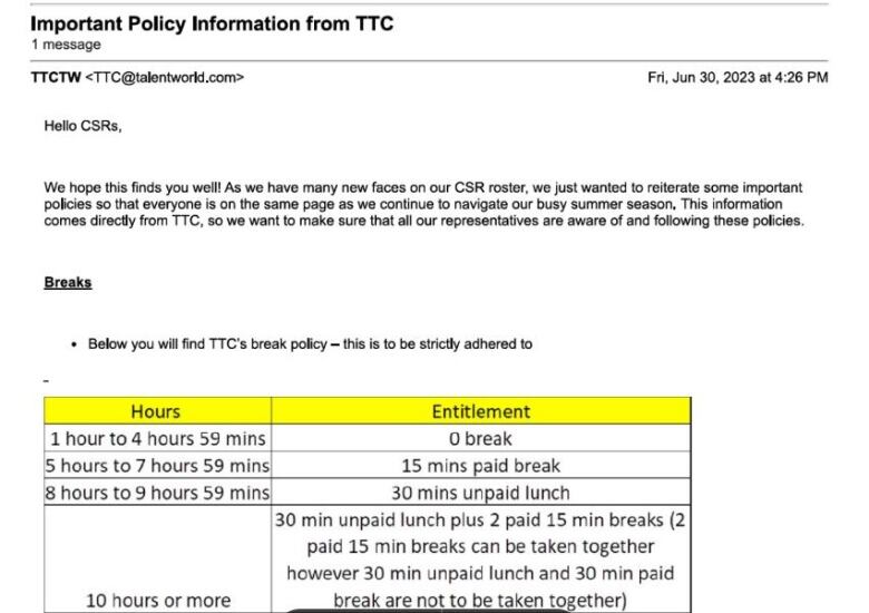 In this email obtained by CBC Toronto, from TalentWorld to its TTC temporary workers, it explains the break structure. TalentWorld's parent agency, GardaWorld, has since told CBC the 15 minute paid break is a 