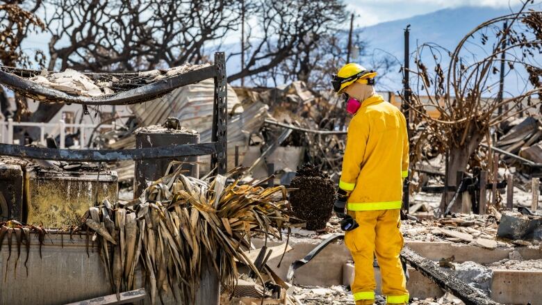 An individual in bright yellow emergency attire and wearing a mask stands in front of burned out vegetation