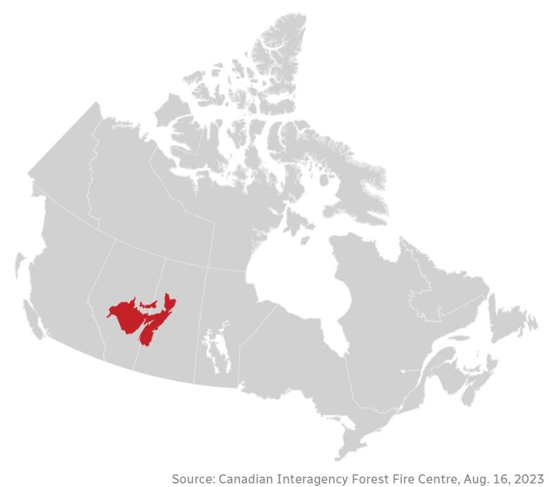 A map of Canada with an area highlighted to represent how much area has been burned by wildfires.