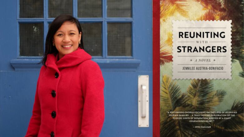 To the left, a woman in a red coat stands against a blue door. To the right is the cover of Reuniting With Strangers. 