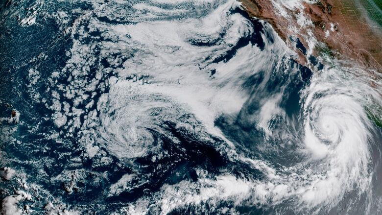 A satellite image from the U.S. National Oceanic and Atmospheric Administration, showing the position of Hurricane Hilary.