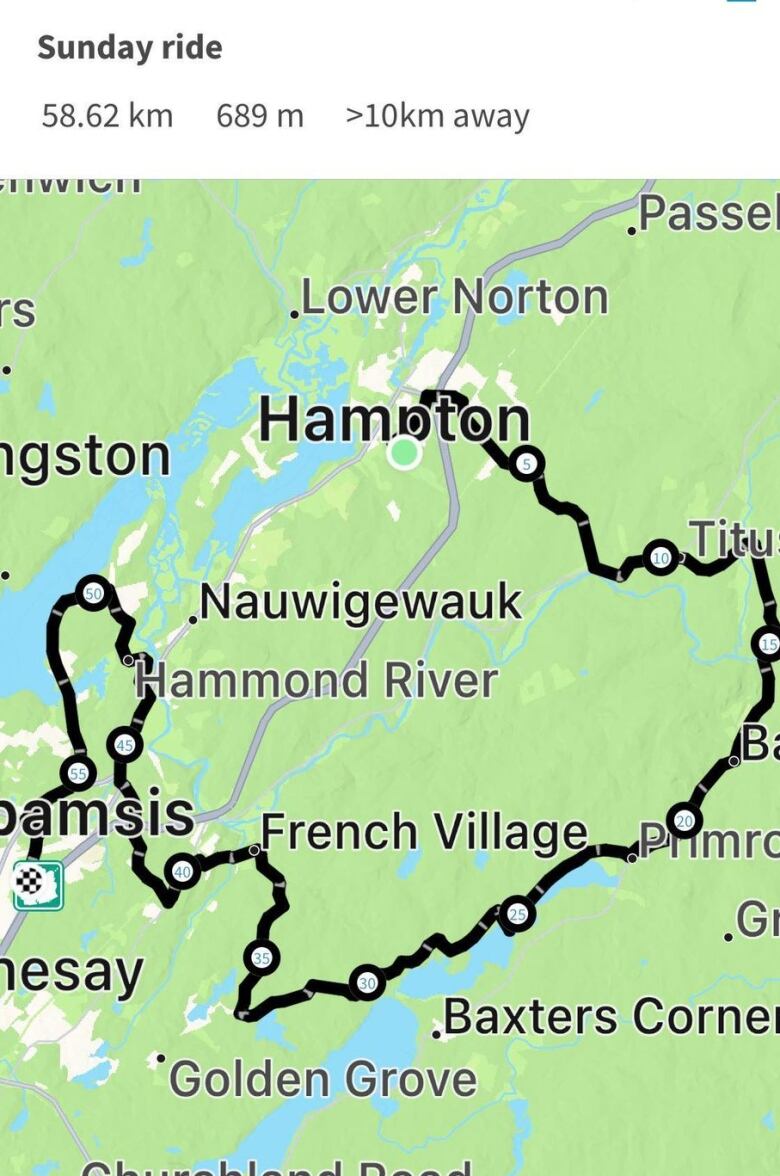 A zoomed in New Brunswick map with a black line connecting Hampton to Quispamsis.