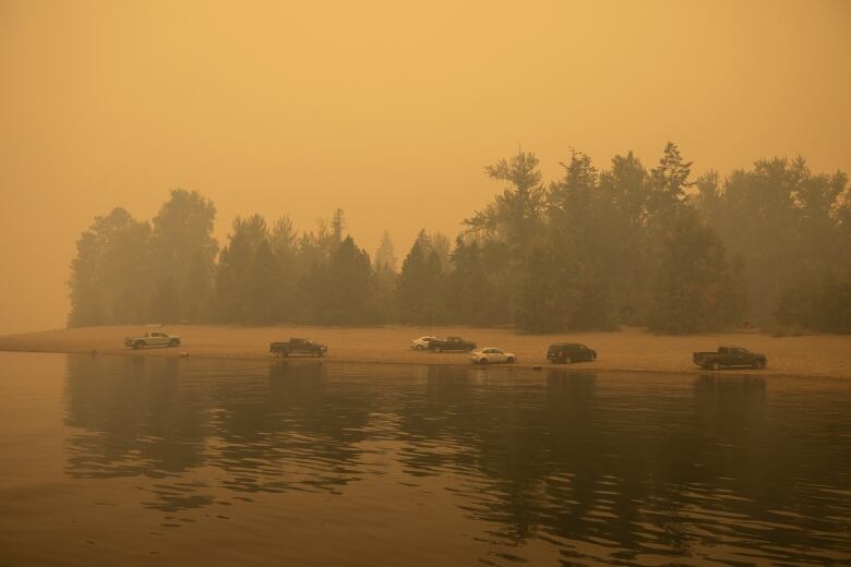 Cars and trucks line the beach of a lake against a brown hazy sky.