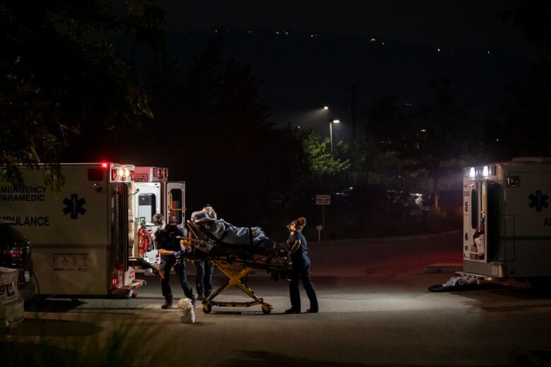 Paramedics put a patient in an ambulance.