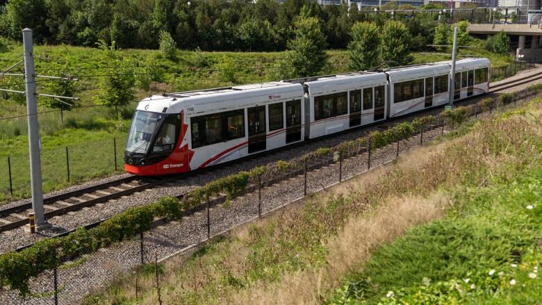 A light rail train rolls through tracks on a field in summer.