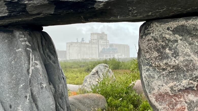 A grain terminal, partly obscured by fog, with lush tundra greenery in the foreground, all framed by a stone arch.