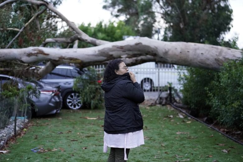 A woman surveys the damage outside caused by a hurricane. 