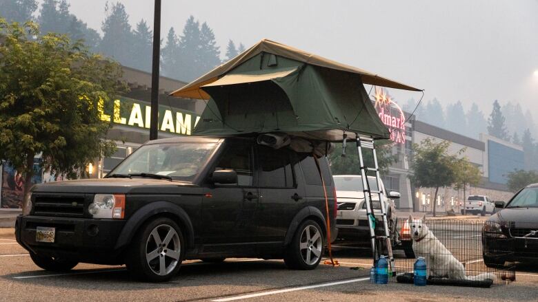 A car in a parking lot with a dog kennel and tent.