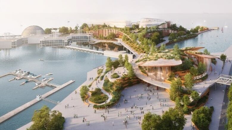 A mock up shows Therme Canada's vision for Ontario Place's West Island, including public space, green space, and a large building.