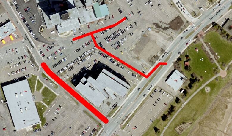 Red lines mark where work will take place in this satellite image of downtown Moncton showing the area around the courthouse.