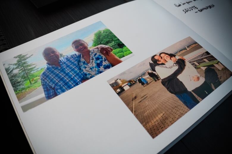 A photo album with some pictures of a man and woman. There is a note in the corner that says 'Salute.'