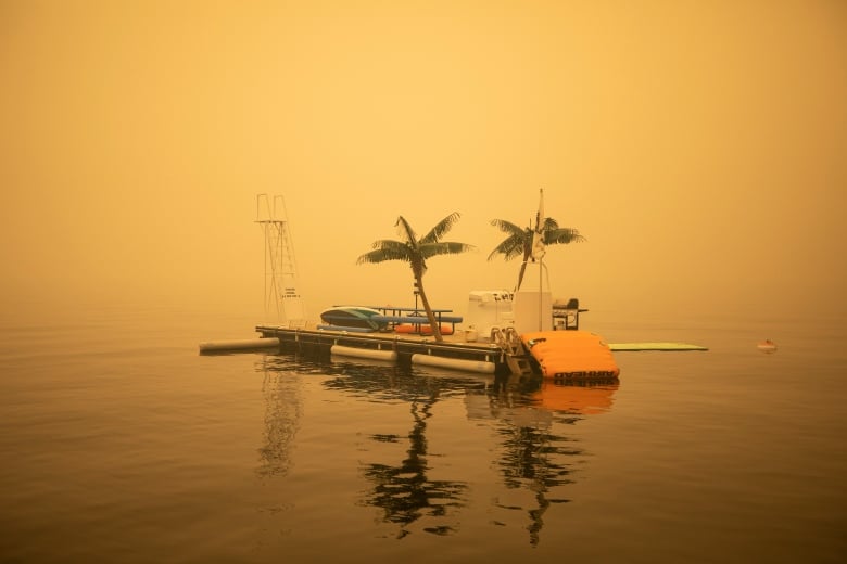 A swimming platform with diving board, palm trees and kayaks on it sits on the surface of Little Shuswap Lake, surrounded by thick orange wildfire haze.