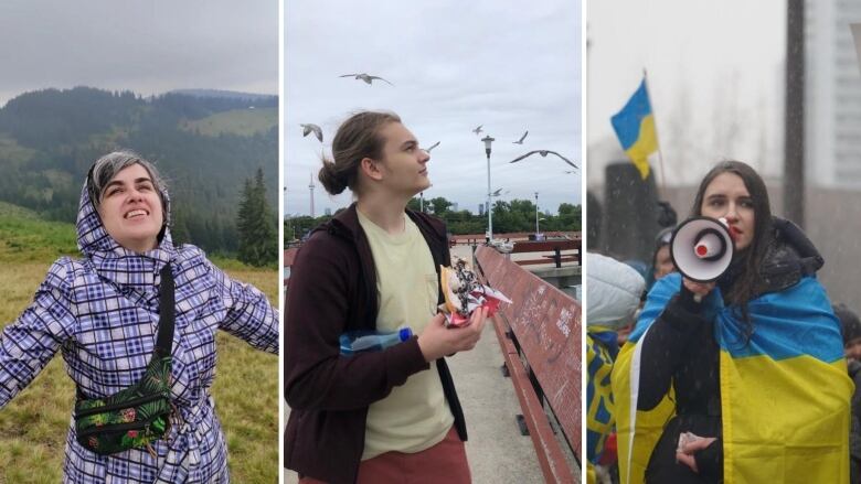 Three individuals - smiling, looking into the distance, and using a megaphone to protest - share their stories of returning to Ukraine. 