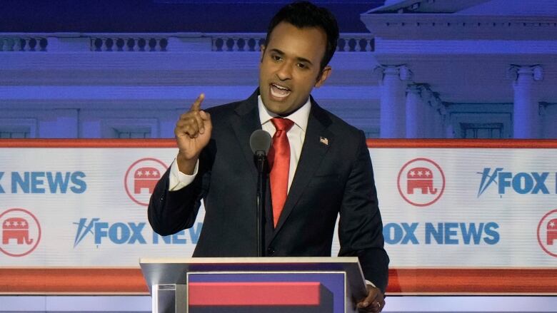 Republican presidential candidate businessman Vivek Ramaswamy speaks during a Republican presidential primary debate hosted by FOX News Channel Wednesday, Aug. 23, 2023, in Milwaukee. (AP Photo/Morry Gash)