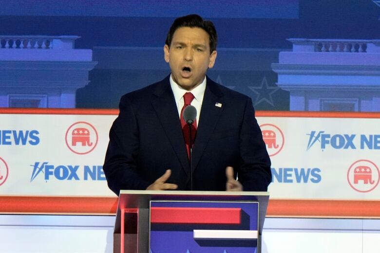 Republican presidential candidate Florida Gov. Ron DeSantis speaks during a Republican presidential primary debate hosted by FOX News Channel Wednesday, Aug. 23, 2023, in Milwaukee. (AP Photo/Morry Gash)