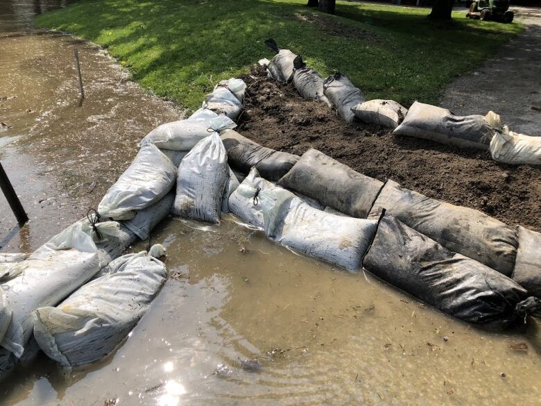 Sandbags with water on one side and land on the other.