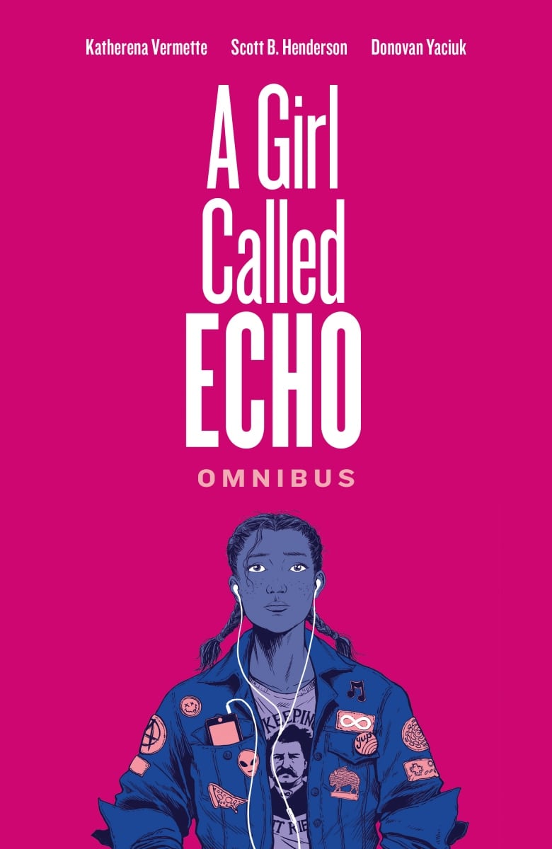 A Girl Called Echo: Omnibus by Katherena Vermette, illustrated by Scott B. Henderson. Illustrated book cover of a young Indigenous woman wearing headphones and a blue jacket.