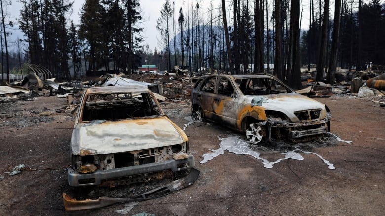 Two burned out vehicles are shown in a parking area. Blackened trees and refuse can be seen in the background.