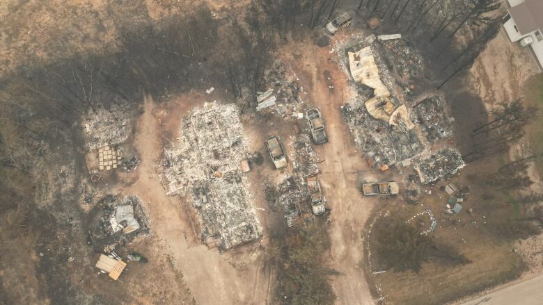 Burned homes, aerial shot.