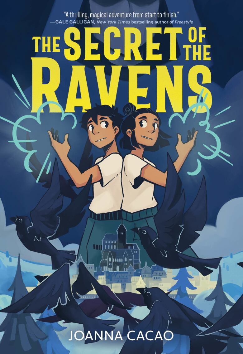 The Secret of the Ravens by Joanna Cacao. Illustrated book cover of two Filipino kids standing back-to-back above a blue forest and tall house with ravens flying towards them