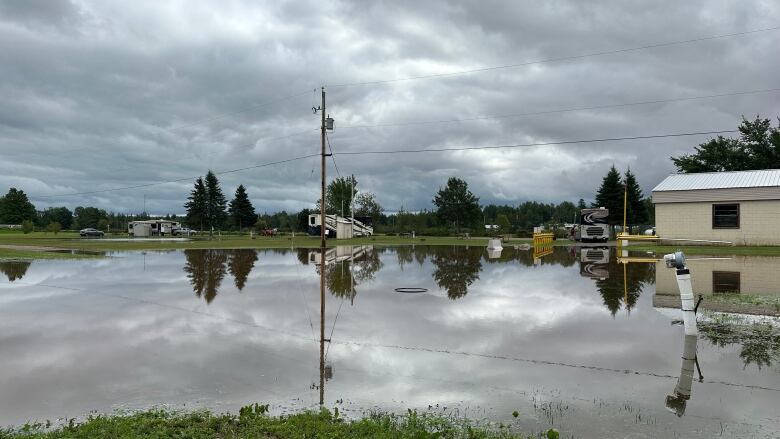 A large swampy area in the foreground with RVs parked around the perimeter