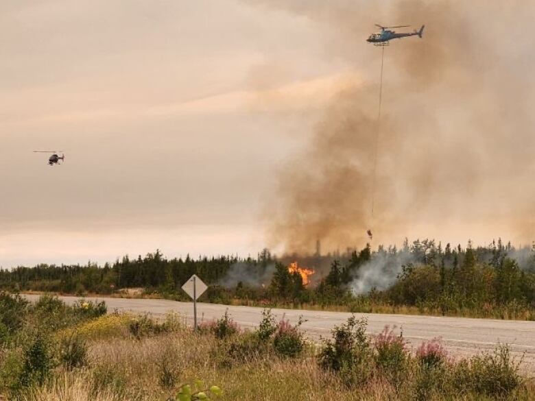 A helicopter flies a bucket of water over flames.