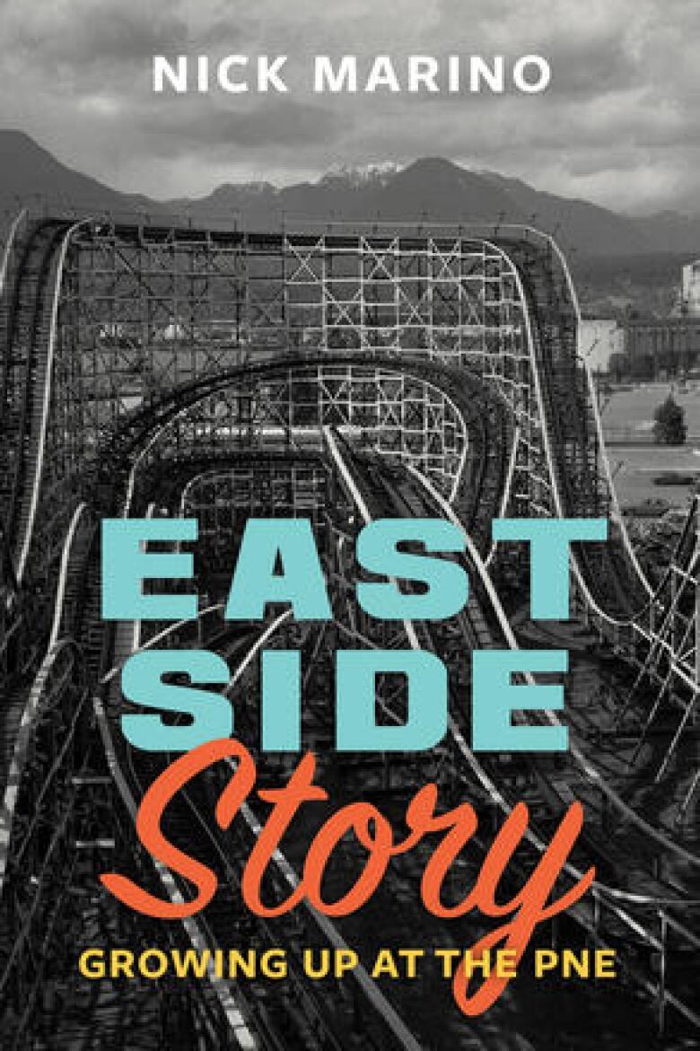 East Side Story by Nick Marino. Black and white book cover image of a rollercoaster with mountains in the distance.