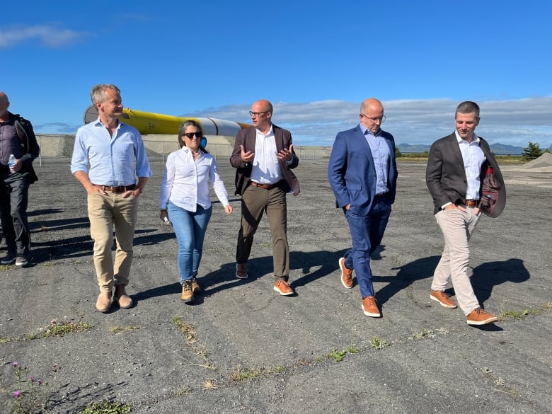 Five people walk side-by-side on a dock in conversation with one another.