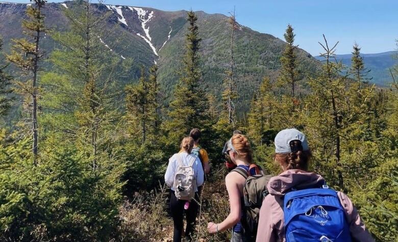 A group of people hike in the mountains in Quebec 