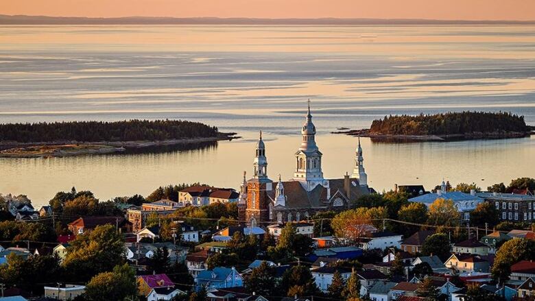 An aerial photo of a small town by the water with a church in the centre