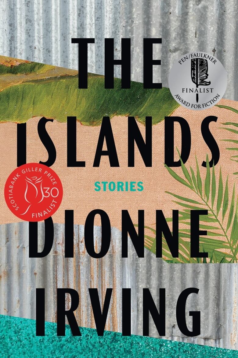 The Islands by Dionne Irving. Illustrated book cover of palm leaves on a metal roof sheet. 