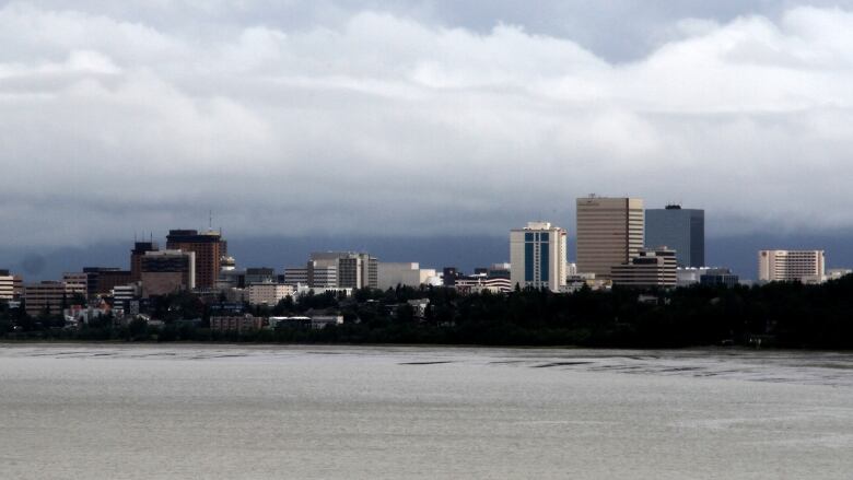 The skyline of a city seen across the water.