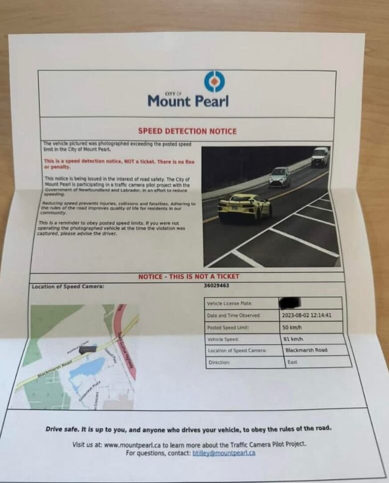 A printed piece of paper outlining the details of a speed detection notice from the city of Mount Pearl.