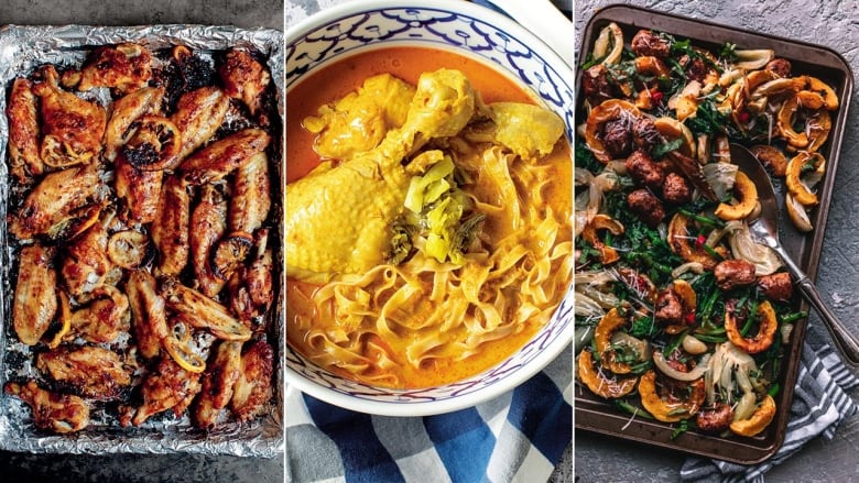 3 food photos, side by side. Left: Roasted chicken wings and lemon slices on a baking sheet covered in tin foil, sitting on a grey surface. Middle: Overhead shot of a blue and white bowl filled with a chicken drumstick, noodles and a curry broth. Right: Overhead shot of a sheet pan on a dark grey surface. Slices of roasted delicata squash, onion, pieces of sausage and roasted rapini are on the pan. 