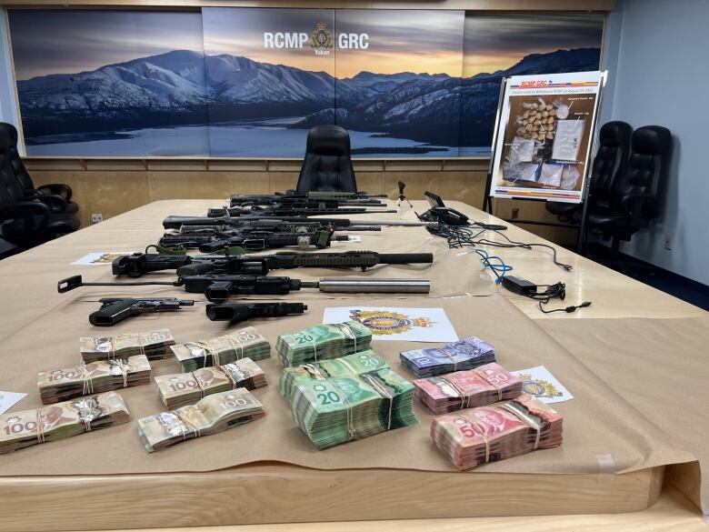 Piles of cash and a bunch of firearms are laid out displayed on a table in front of a RCMP banner.