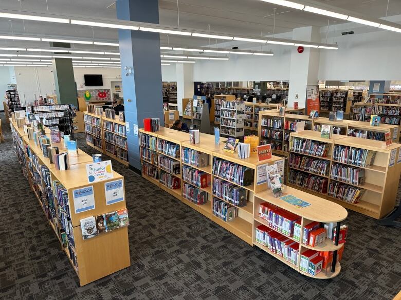 Many shelves of books inside a library during the day.