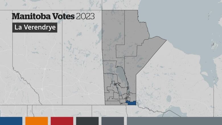 A map shows the ridings of Manitoba, with one in the southeast shaded in blue.