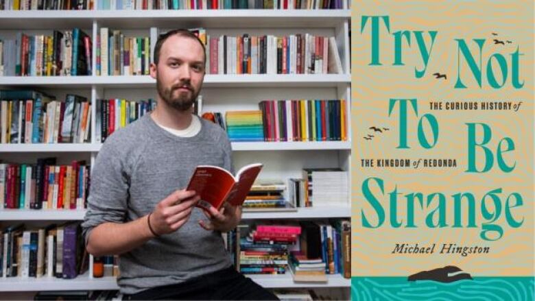 The book cover with the image of an island in the middle of water and the author photo of a bearded man posing with a book in hand in front of a bookshelf