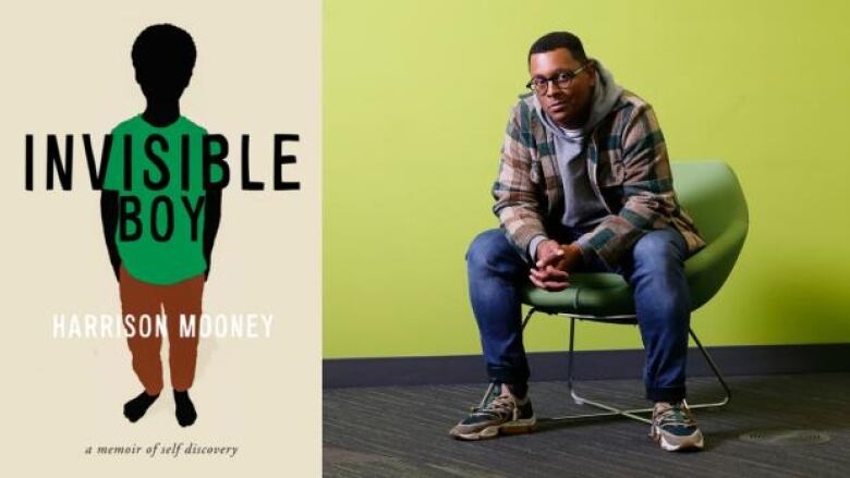 A Black man sitting on a green chair staring straight at the camera and the book cover an illustration of a faceless Black boy with a green shirt and brown pants