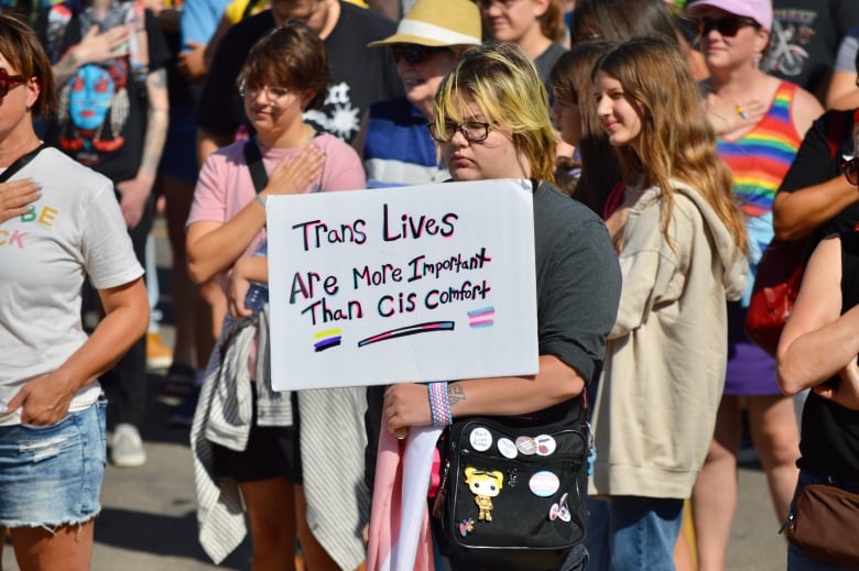 Person holding sign that reads: Trans Lives Are More Important than CIS comfort. 