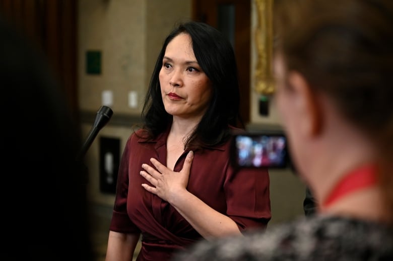 NDP MP Jenny Kwan speaks to reporters about her briefing with CSIS where they confirmed that she was a target of foreign interference, in the Foyer of the House of Commons on Parliament Hill in Ottawa, on Monday, May 29, 2023. It took about an hour for Jenny Kwan to be briefed by Canada's spy agency and not even a second for her to decide it won't let her bend.