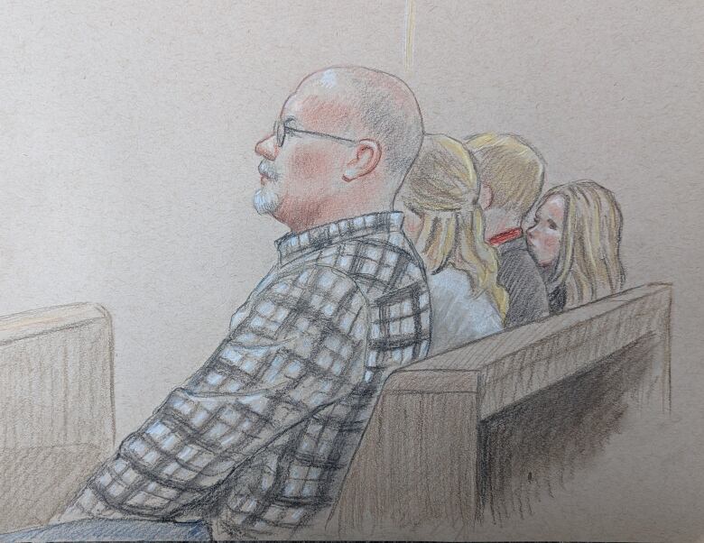 A court sketch of four people on a courtroom bench.