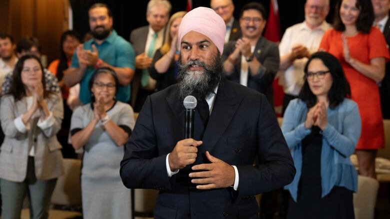 New Democratic Party leader Jagmeet Singh speaks to members of caucus during a retreat, Wednesday, September 6, 2023 in Ottawa.  THE CANADIAN PRESS/Adrian Wyld