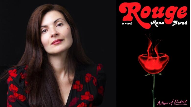 A woman wearing a red and black dress looks at the camera. A red rose on a black backdrop. 