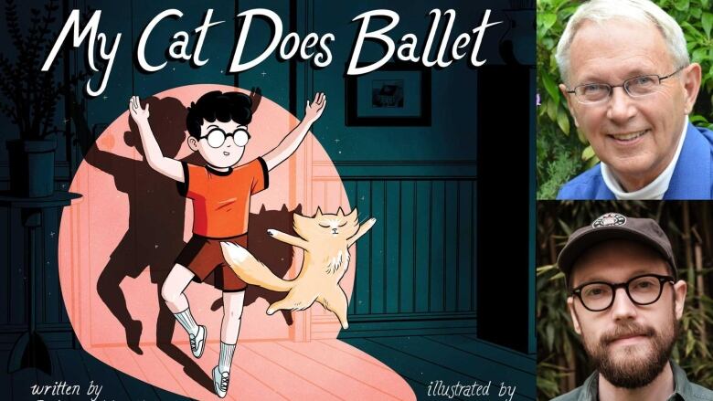 A boy does ballet with his cat. An older man with glasses smiles at the camera. A man with glasses smiles at the camera. 