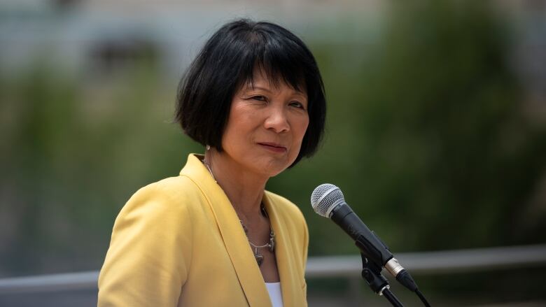 Newly elected Mayor Olivia Chow delivers her first media availability after being sworn-in at Toronto City Hall, on Wednesday, July 12, 2023. THE CANADIAN PRESS/ Tijana Martin