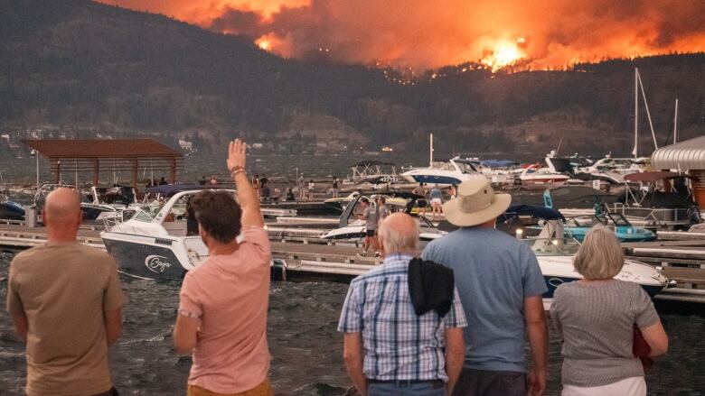 A row of people point at a raging wildfire on a hill opposite a lake.