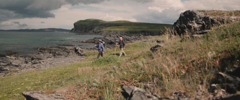 Hikers walk along a grassy area next to a rocky coastline.