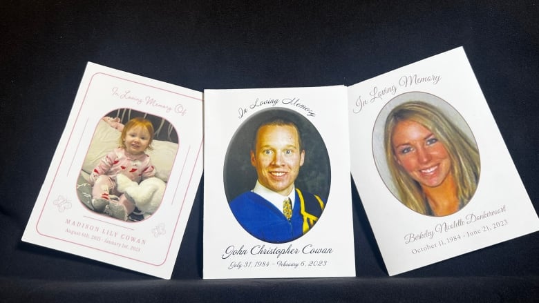 Funeral handouts for Madison Cowan, John Cowan and Berkeley Donkervoort sit against a black background.