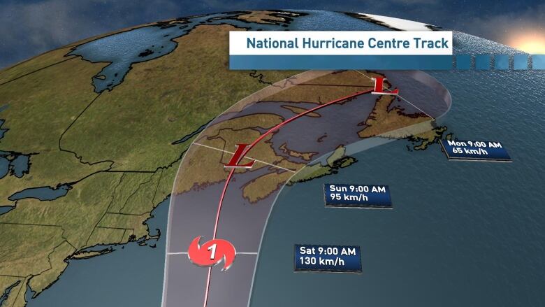 A map shows eastern Canada and red symbols and a red line representing the track of Hurricane Lee.